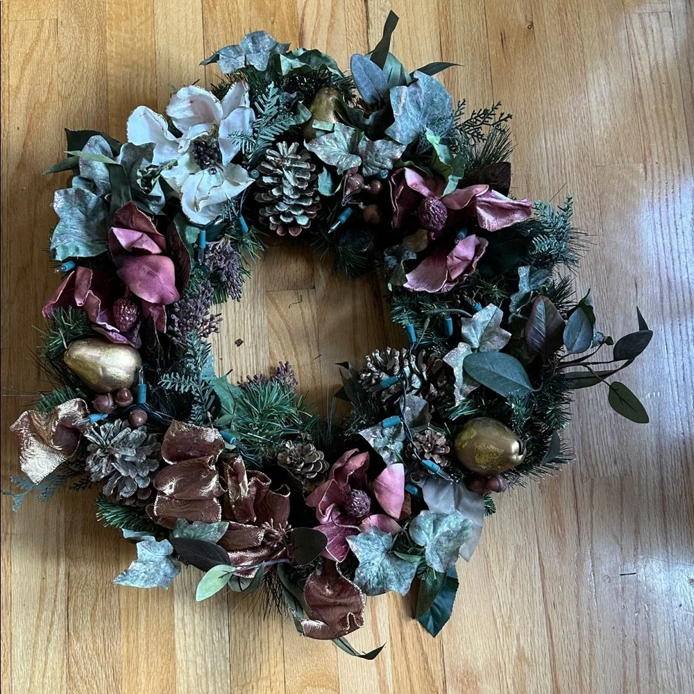 Handcrafted Gold and Mauve Pink Holiday Wreath